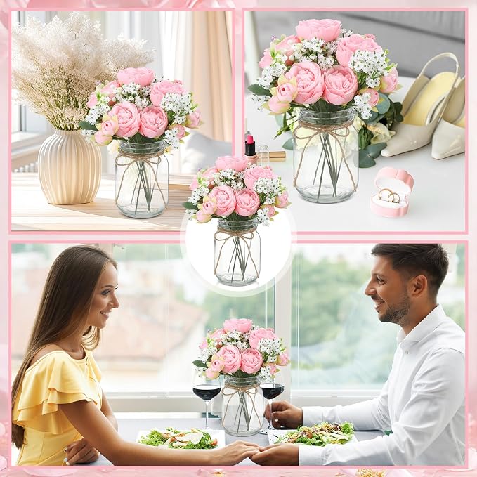 6 Sets Mason Jar Flowers Centerpiece Table Decorations, Light Pink | Faux - Image 5