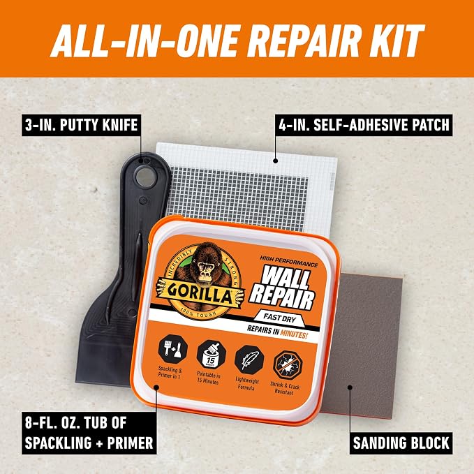 GORILLA Wall Repair Kit, Heavy Duty Spackling, 8 fl oz Tub, 4 in Patch | - Image 2