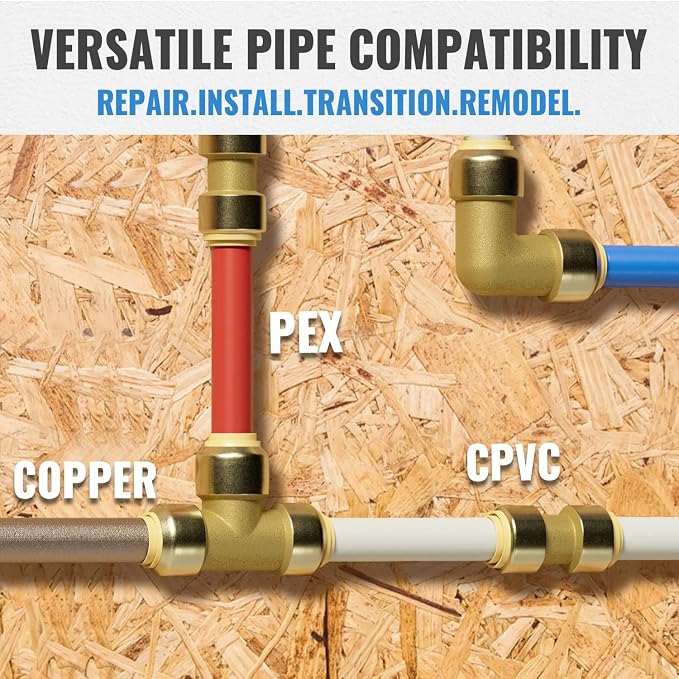 12-Pack Push Fitting 3/4", 5 Each Coupling and Elbow, Tee | Brass, - Image 3