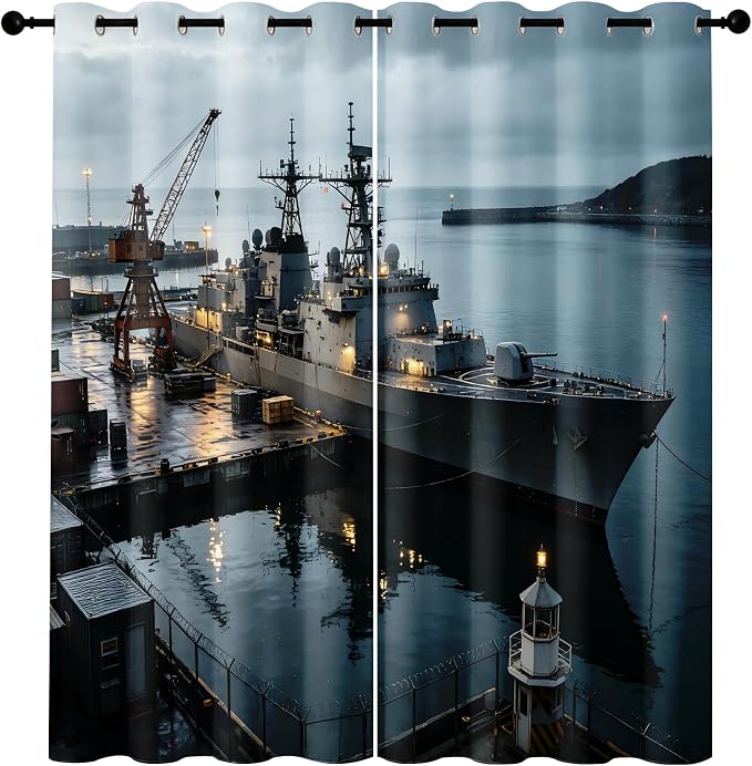 Navy Warship Blackout Curtains for Bedroom 63 Inches Long | Seaport Dock Room - Image 7