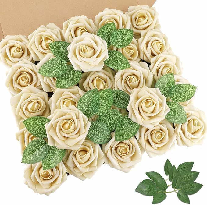 AmyHomie Beige Rose 25pcs Real Looking Artificial Flowers w/Stem | Bouquet by AmyHomie