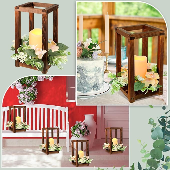 Hushee 60 Pcs Wooden Wedding Lantern Centerpiece Candles Wreaths Set, LED - Image 3