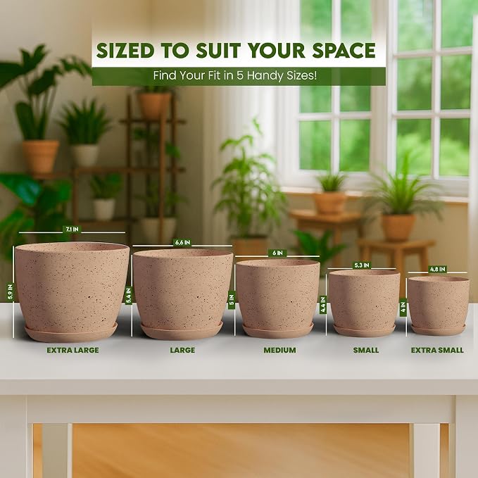 Plant Pots Indoor with Drainage 5 Pack Multisize Planters Spotty Peach Pink | - Image 7