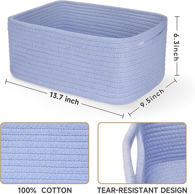 3 Pack Storage Baskets for Organizing, 13.7×9.5×6.3", Sky Blue | Woven Baskets - Image 3