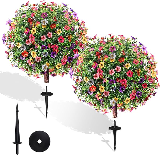 27.5" Artificial Flowers Boxwood Topiary Ball Tree Set of 2, UV Resistant Fake by Unknown