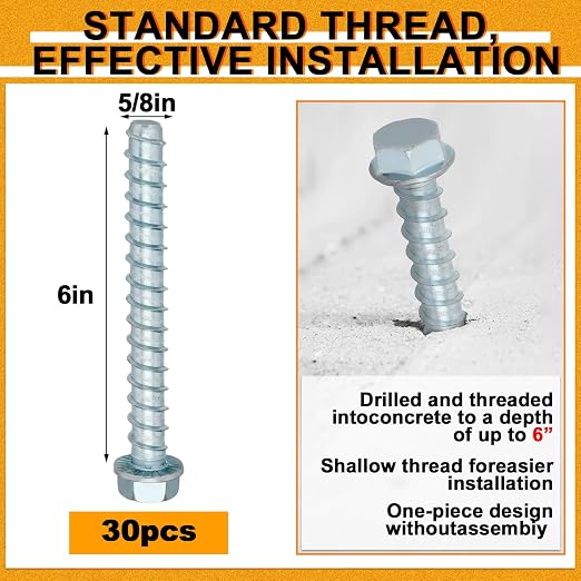 Hicarer 30 Pack 5/8 x 6 Inch Concrete Screws Galvanized - Image 2