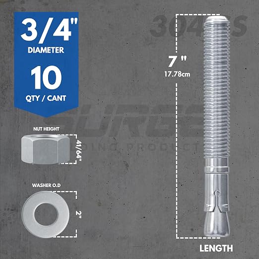 3/4" X 7" 304 Stainless Steel Wedge Anchors - Image 3