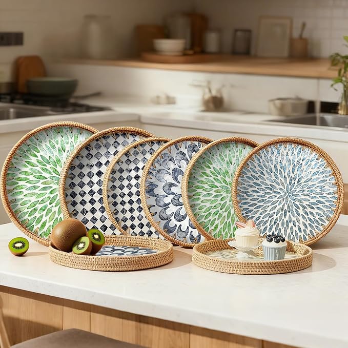 Round Rattan Tray with Mother of Pearl Inlay, Decorative Basket with Wooden Base - Image 7