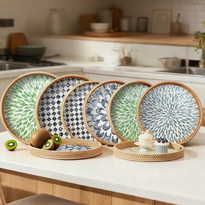 Round Rattan Tray with Mother of Pearl Inlay, Decorative Basket with Wooden Base - Image 7
