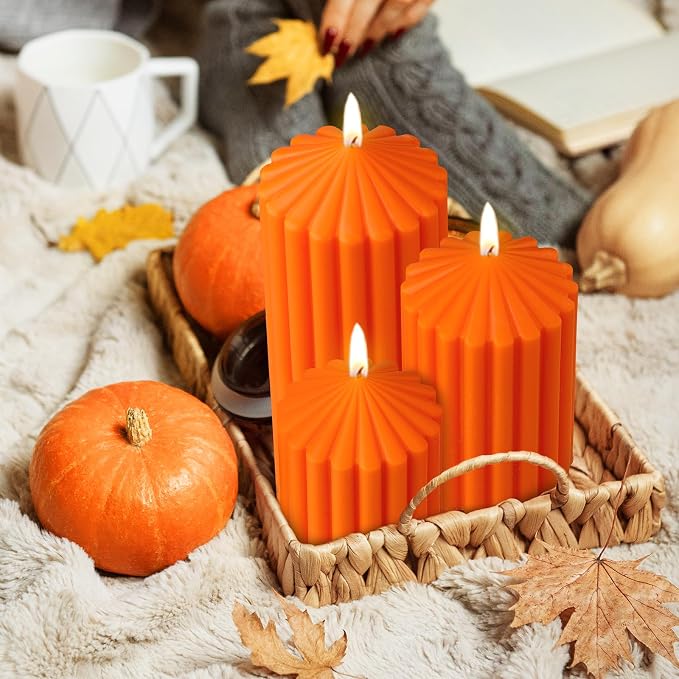 Conelist Set of 3 Fall Orange Ribbed Pillar Candles Soy Wax Scented Candles | - Image 4