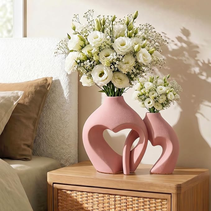 Ceramic Flower Vases Table Decor Heart Shaped Vase Set of 2 Pink | Nordic Heart - Image 6