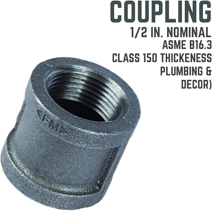 1/2" Coupling Fitting, PIPE DECOR Black Malleable Iron Fittings Fit Standard - Image 3