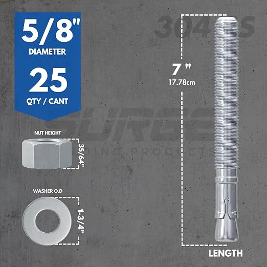 5/8" X 7" 304 Stainless Steel Wedge Anchors - Image 3