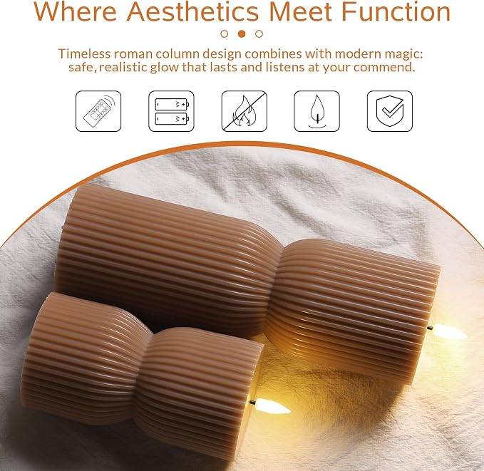 Brown Ribbed Fall Flameless Pillar Candles - Image 4