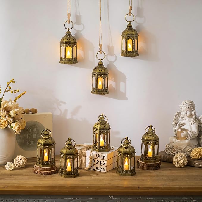 Mini Lantern with Flickering LED Candles Set of 20, Hewory Gold Vintage - Image 6