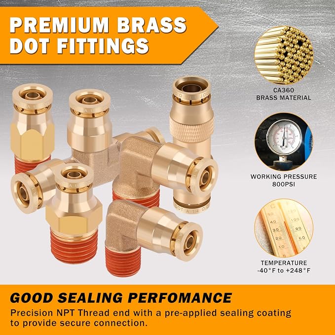 14 Pcs 1/4" Brass DOT Air Line Fittings Kit 1/8" 1/4" DOT Push Lock Air - Image 3