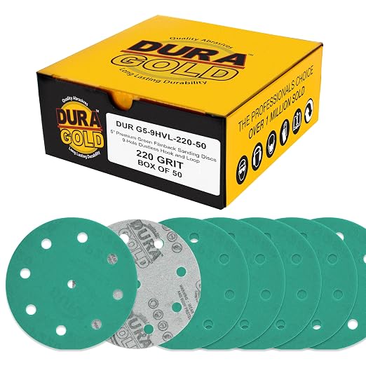 Dura-Gold Premium 220 Grit 5" Green Film Sanding Discs, 9-Hole Pattern by Dura-Gold
