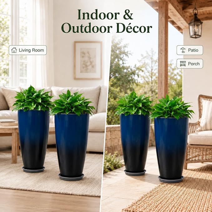 Neoaider Set of 2 Tall Planter, 21 inch Large Plastic Planter, Dark Blue | - Image 9
