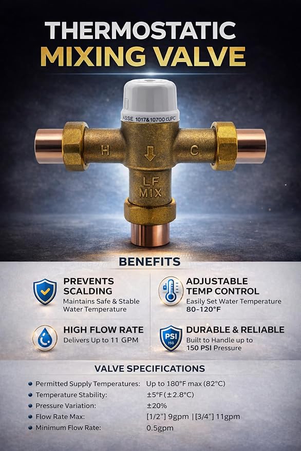 1/2" Sweat Union Thermostatic Mixing Valve, Cert: ASSE, NSF | TMV, Precise - Image 9