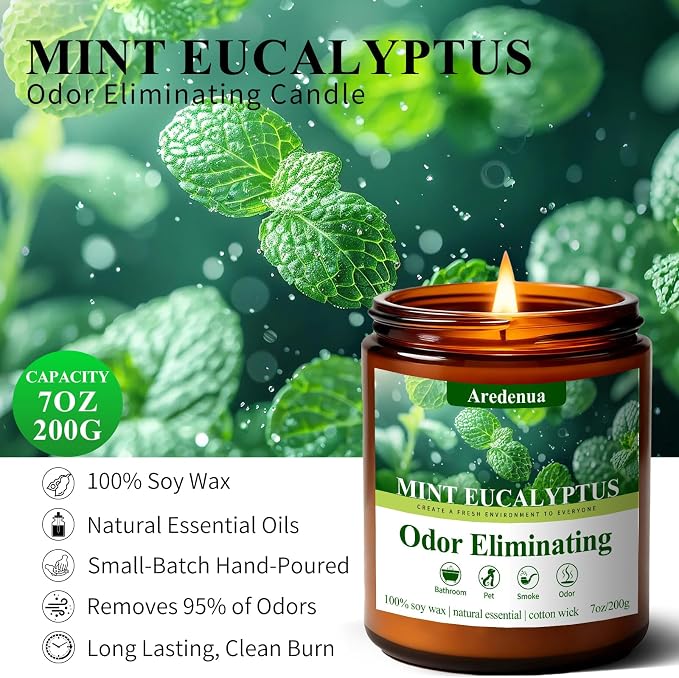 Mint Eucalyptus Odor Eliminating Candles, 7 oz Soy Scented Candle | Eliminates - Image 5