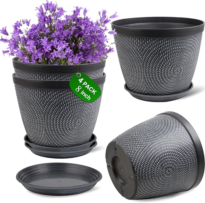 Quarut 4 Pack 8 Inch Flower Pots, Plastic Plant Pots by Quarut