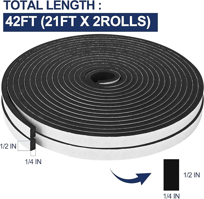 42Ft Foam Tapes Self Adhesive Foam Seal Strips 1/2In x 1/4In x 21Ft Each Roll - Image 2