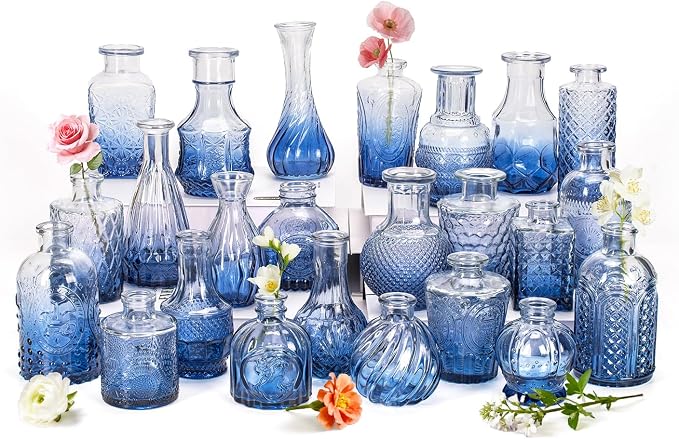 Clear Gradient Blue Glass Bud Vase Set of 24 Pcs, Small Bud Vases in Bulk by JXINDUJU