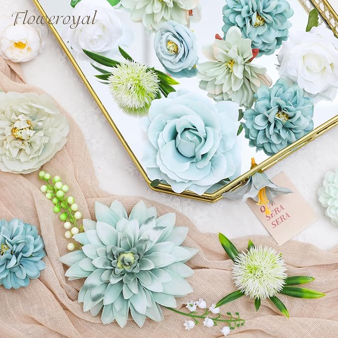 Artificial Flowers Combo Teal Blue Flowers Mix Silk Flowers Dahlia Roses - Image 6