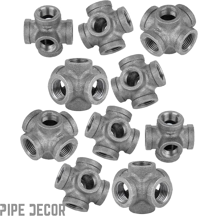 1/2" 6-way Cross Fitting, PIPE DECOR Black Malleable Iron Fittings Fit Standard - Image 9