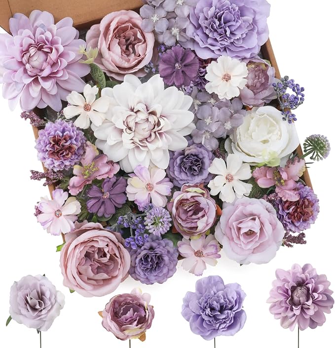 Artificial Flowers Combo Purple Flowers Mix Silk Flowers Dahlia Roses by FloweroyalCrafts