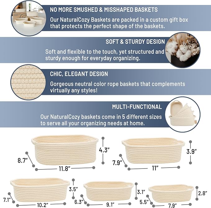 NaturalCozy 5-Piece Rectangle Storage Basket Set- Natural Cotton Rope Woven - Image 2