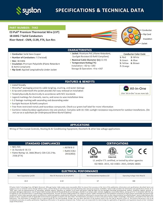 Syston 18/7 Thermostat HVAC Cable Wire, 100% Solid Copper, Riser/CL3R/CMR | 18 - Image 2