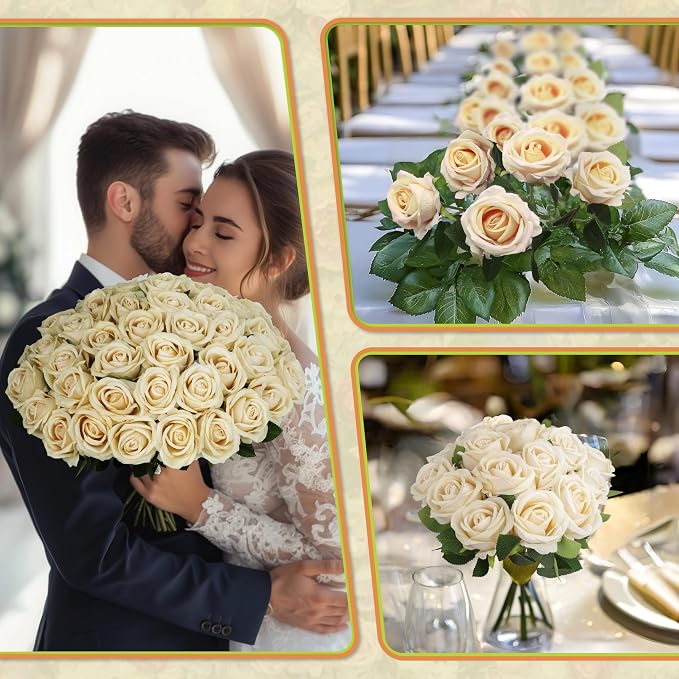 30 PCS Fake Champagne Roses, Artificial Flowers Bulk, Realistic Silk Roses | - Image 3