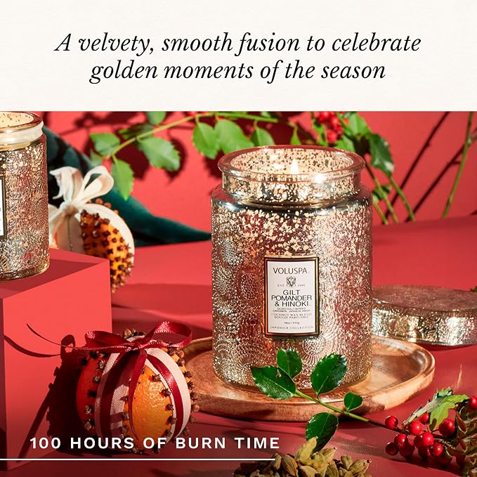 Gilt Pomander Hinoki, Large Candle Jar, 18 oz, 100 Hour Burn Time, Coconut Wax - Image 5