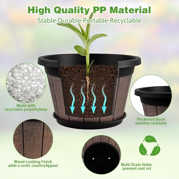 Quarut 4 Pack 8 inch Pots for Plants, Upgrade Whiskey Barrel Planters | Plastic - Image 2