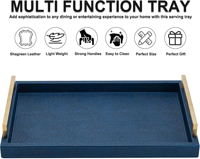 XIGEXIGE Navy Blue Decorative Serving Tray, Shagreen Leather Coffee Table Tray - Image 3