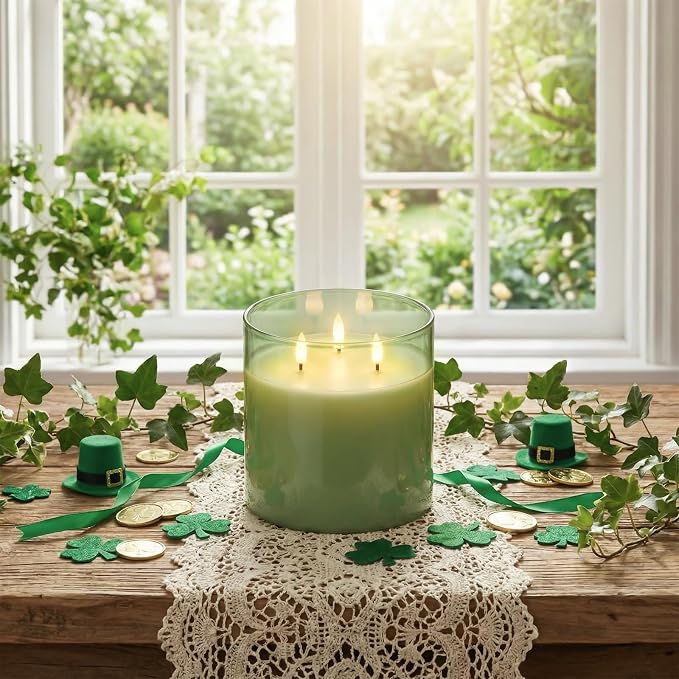 Homemory Sage Green Large Glass Flameless LED Candle, 3 Wicks, Remote Timer | - Image 8