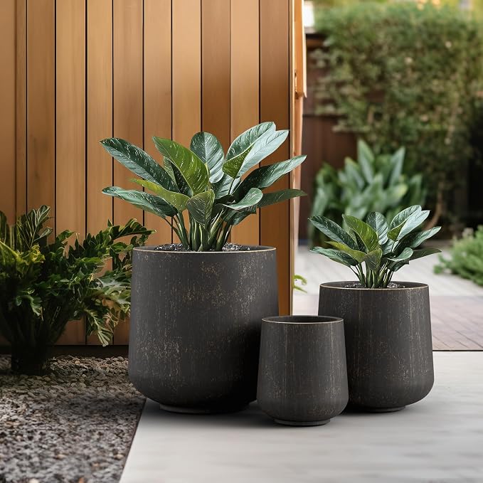 Kante Set of 3 Vintage BRN Concrete Curved Planters 16.5" 13" 9.4" Dia | - Image 5