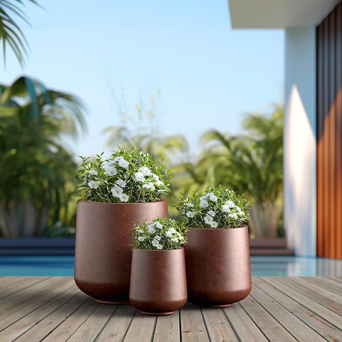 Kante Set of 3 Rusty Concrete Curved Planters 16.5" 13" 9.4" Dia | Drainage - Image 4