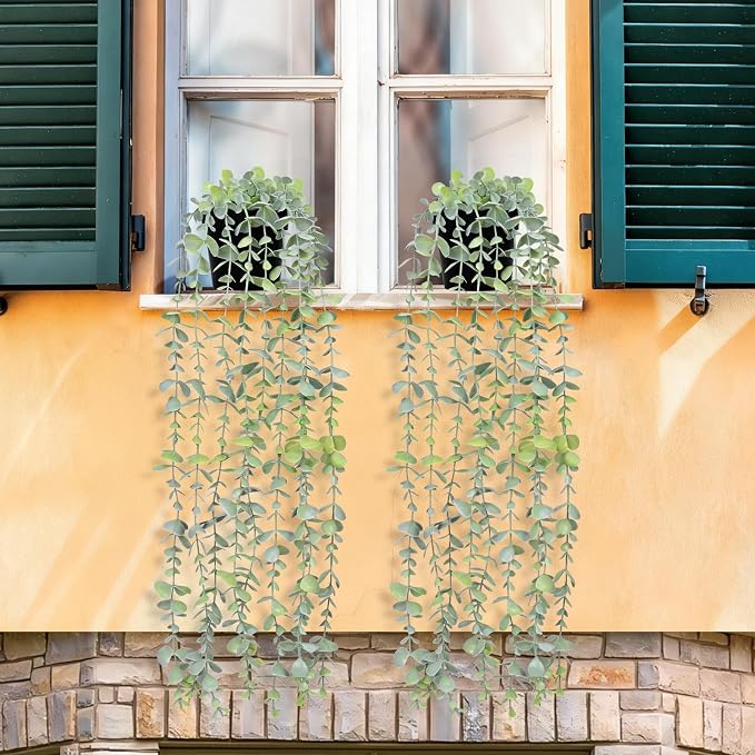 2Pcs Fake Hanging Plants with Pot Eucalyptus Leaves Fake Vines | UV Resistant - Image 9