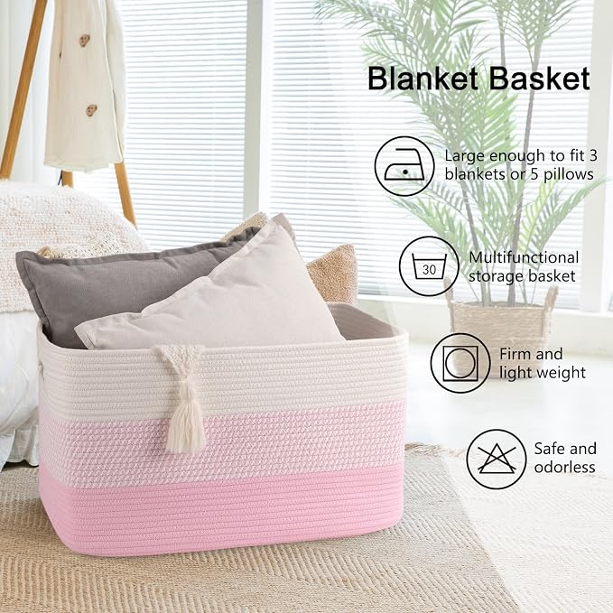 OIAHOMY Blanket Basket Laundry Basket Dog Toy Basket 75L Pink/White | Large - Image 6