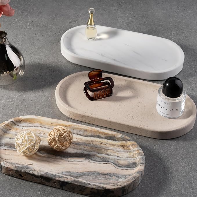 White Marble Oval Tray for Bathroom Countertop, Stone Perfume Organizer Tray - Image 8