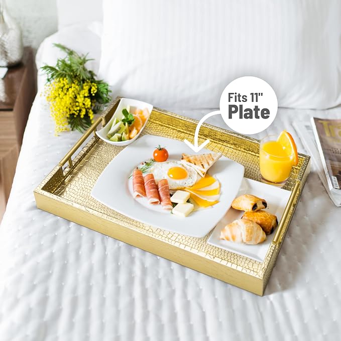 ATZYmolin 17"x12" Leather Serving Tray, Polished Metal Handles, Coffee Table - Image 4