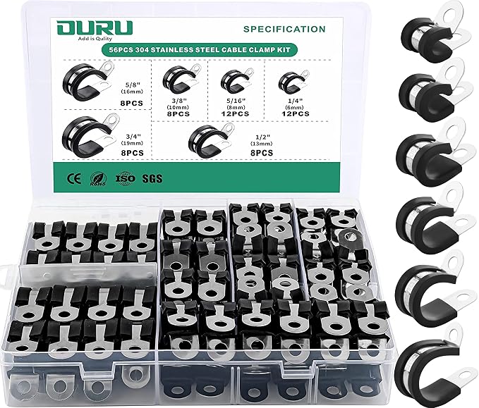 OURU 56PCS Cable Clamps Assortment Kit, Rubber Coated, 1/4"-3/4" 6 Sizes | 304 by OURU