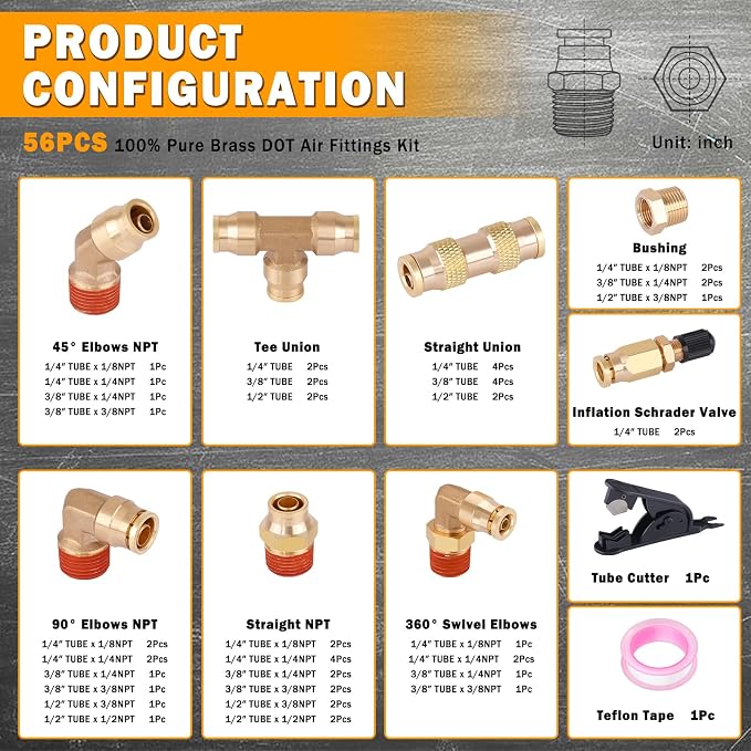 56 Pcs Brass DOT Air Line Fittings kit - Image 2