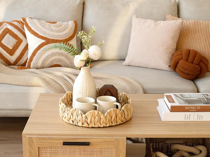 StorageWorks Round Scalloped Tray, Wicker Rattan Serving Tray - Image 7