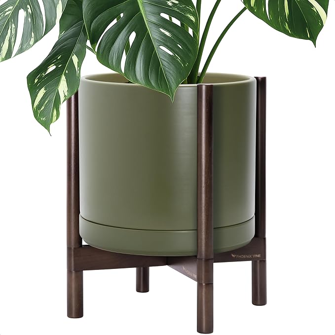 D'vine Dev Ceramic Pot with Walnut Wood Stand, 14 in, 55-B-T-J | Mid-Century by DvineDevPlanterPotsandStand