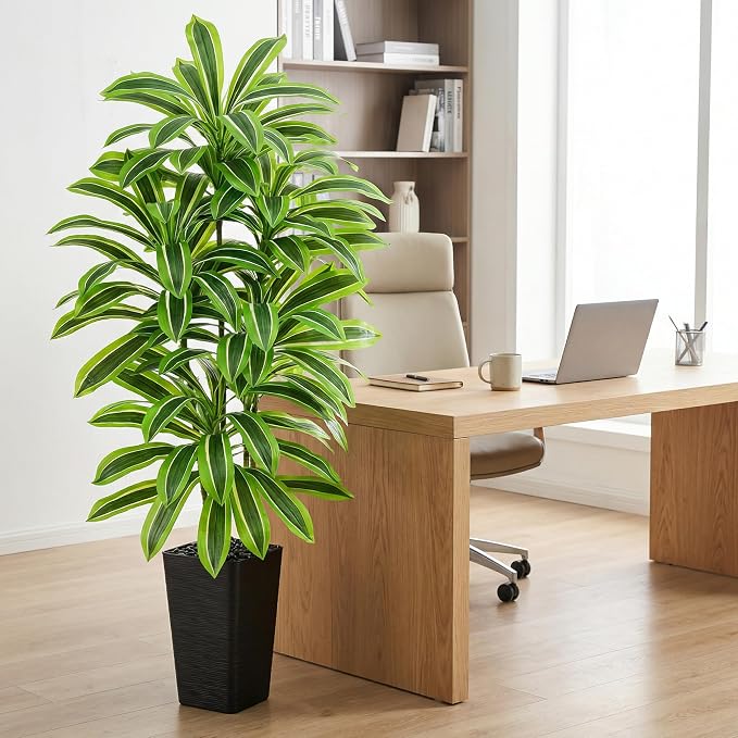 Artificial Dracaena Tree: 5FT Fake Plants Silk Faux Trees（Black Pot） | - Image 7