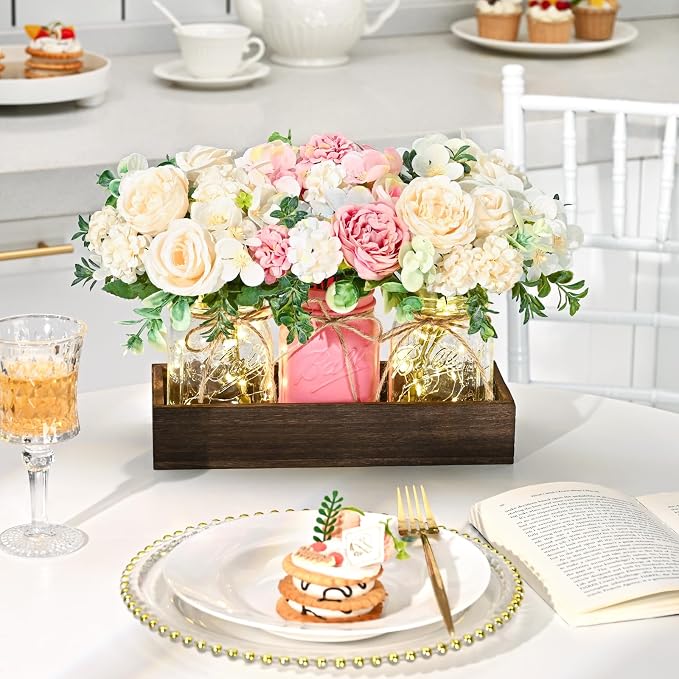 BLEUM CADE 3Pcs Mason Jar with Artificial Roses Flowers Wood Tray and Light | - Image 4