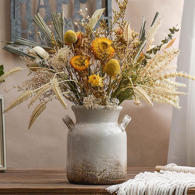 Quoowiit Ceramic Rustic Farmhouse Vase, Distressed Decorative Flower Vase by Quoowiit